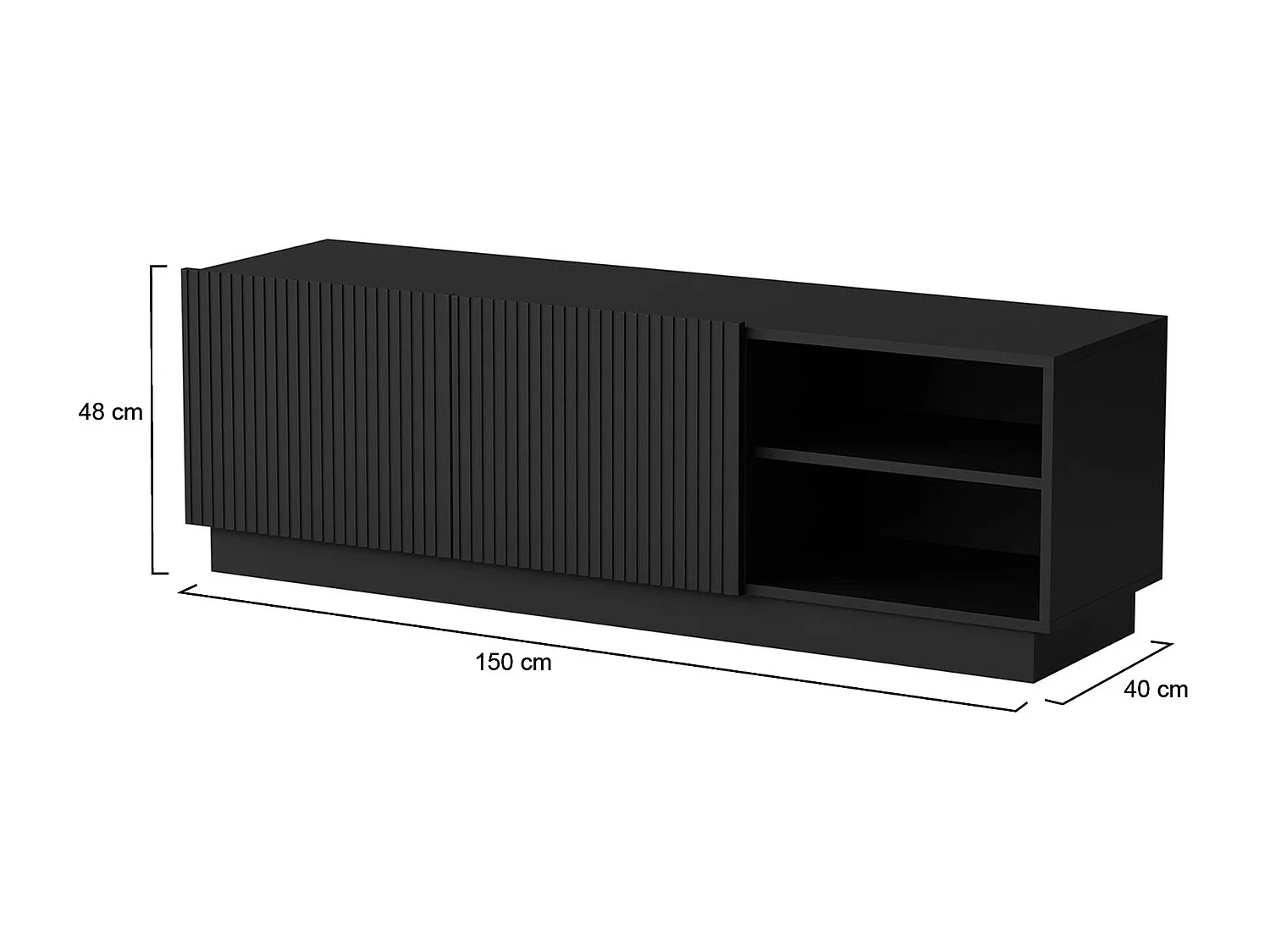 Mobile porta TV Finita, Madia da salotto con due ante battenti, Design minimal e moderno, 150x40 h48 cm, Nero