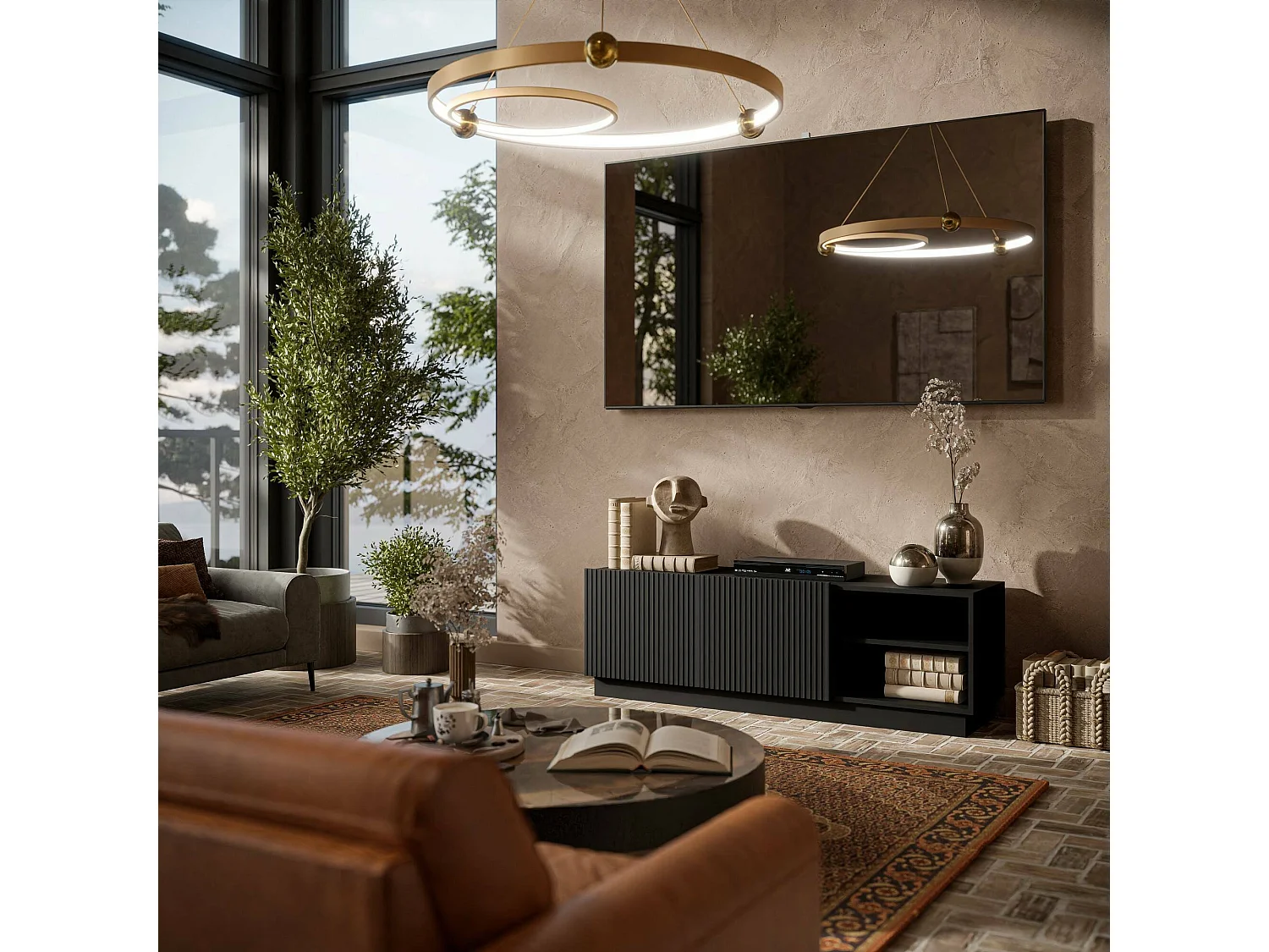 Mobile porta TV Finita, Madia da salotto con due ante battenti, Design minimal e moderno, 150x40 h48 cm, Nero