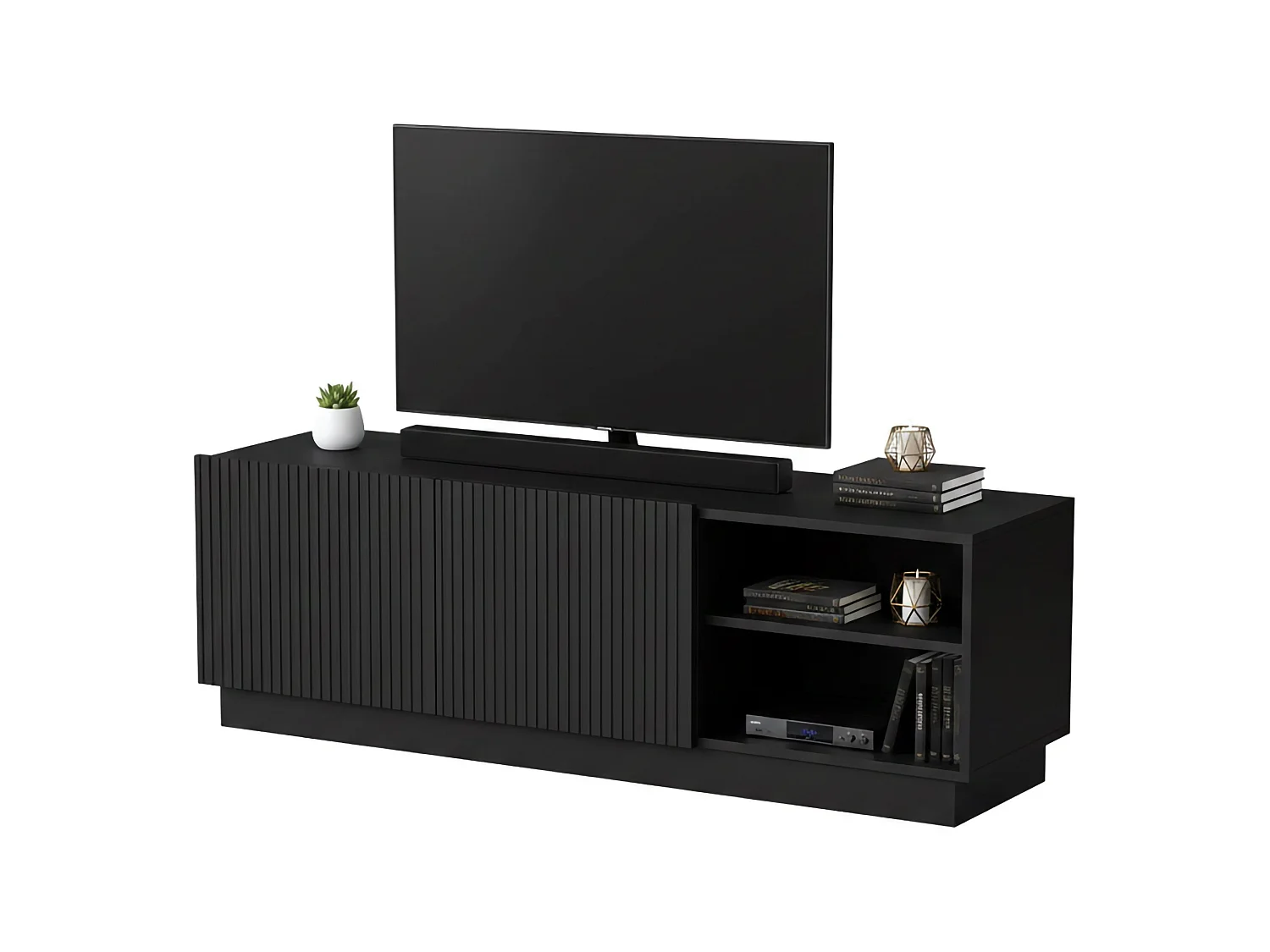 Mueble porta TV acabado, 3 estantes, 150x40x48h cm Negro, 2 puertas, 6 compartimentos