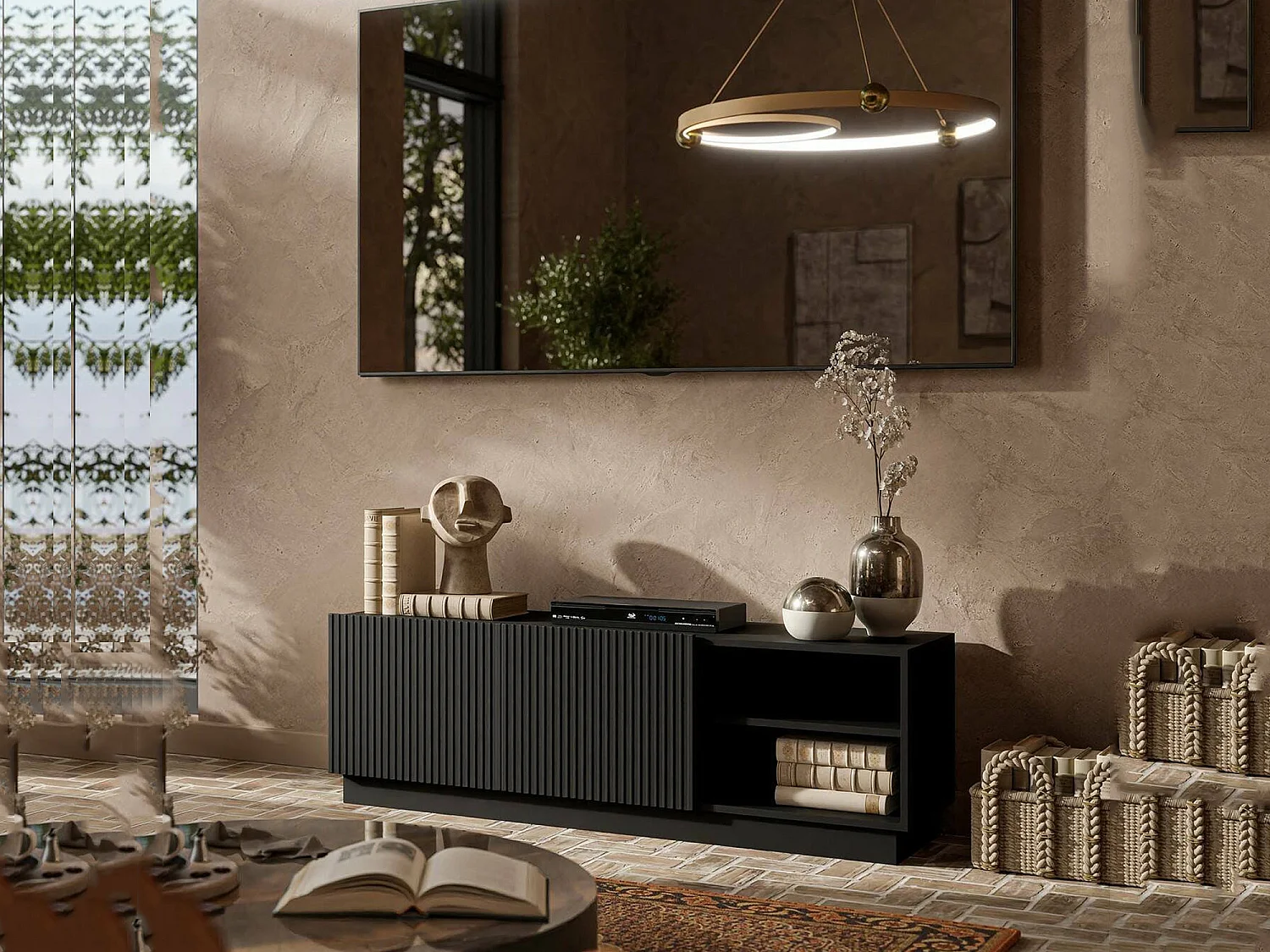 Mueble porta TV acabado, 3 estantes, 150x40x48h cm Negro, 2 puertas, 6 compartimentos