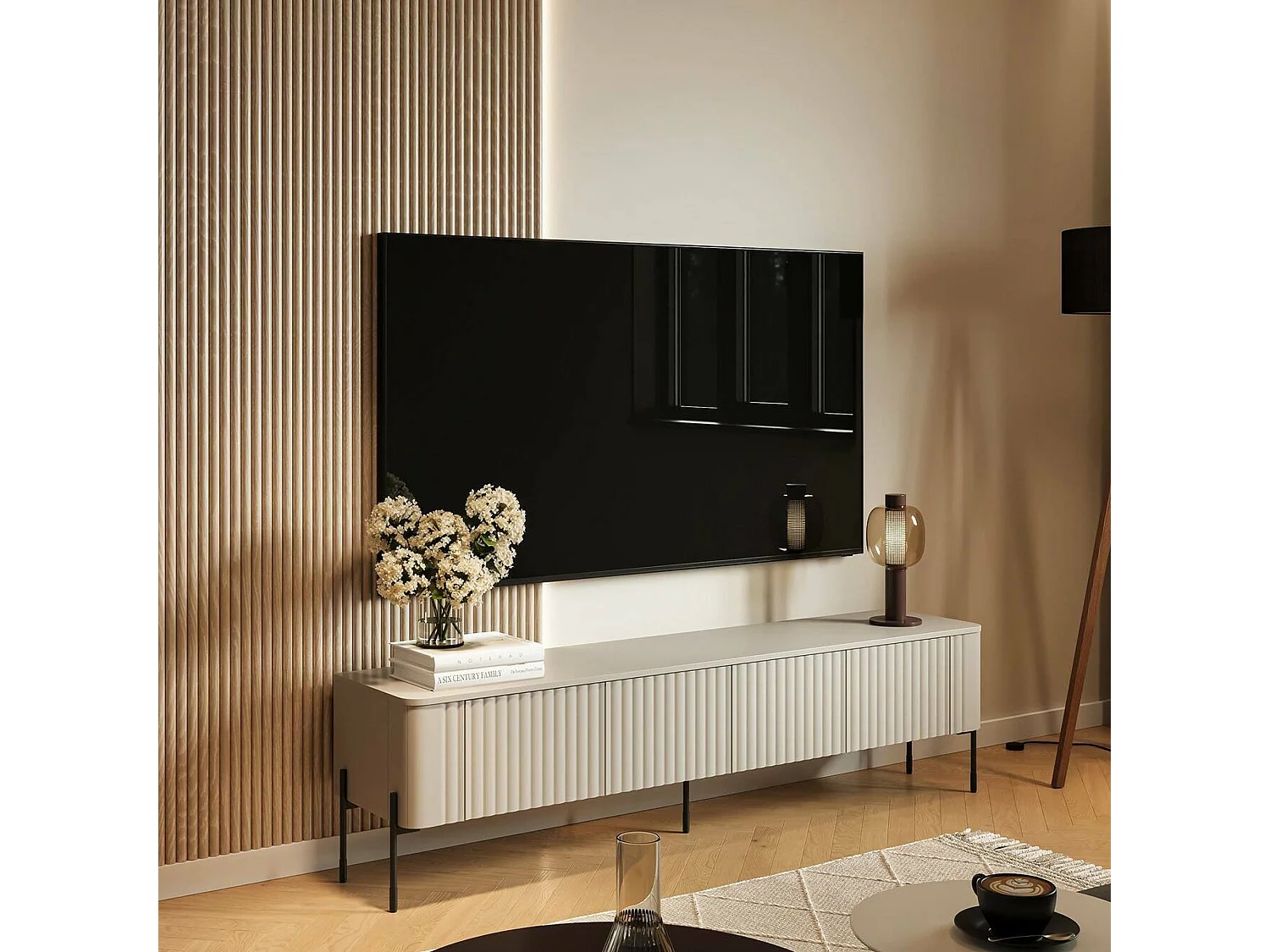 Meuble TV Fiaes, une étagère, 39,6x190x50h cm Beige