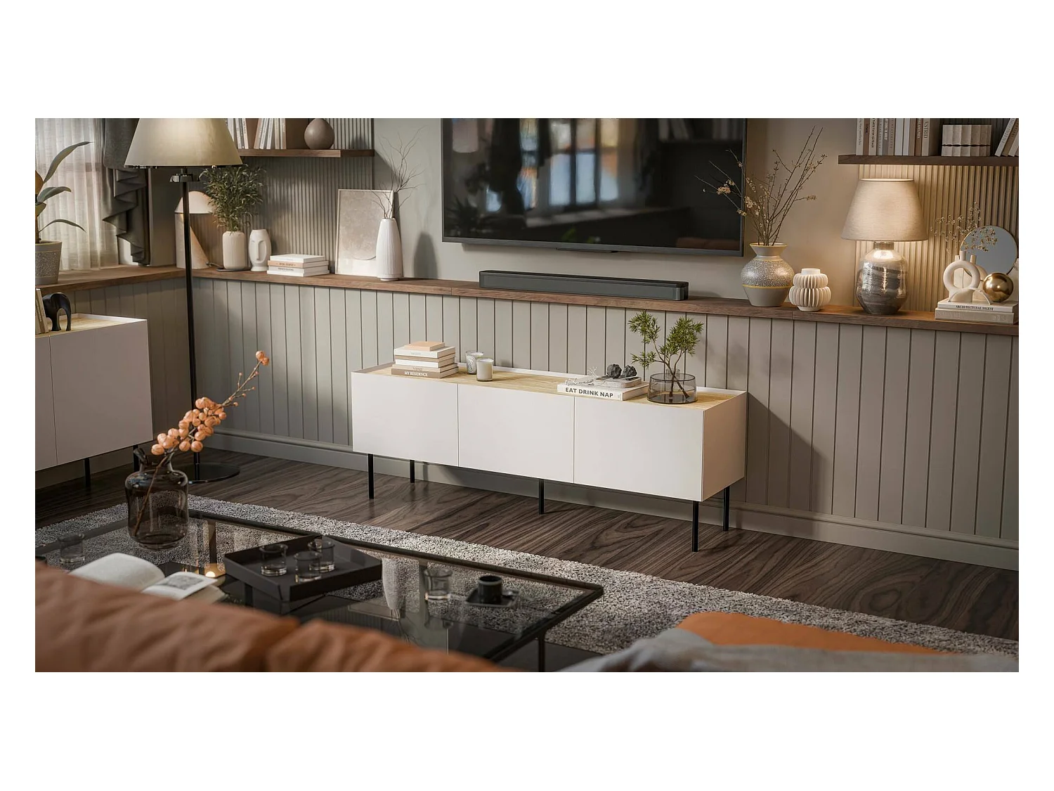 Meuble TV Vendas, une étagère, 40x150x52h cm Beige Chêne