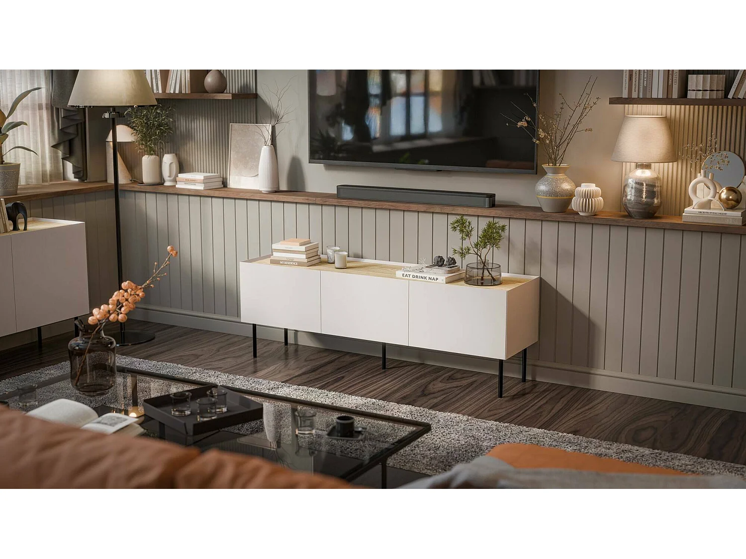 Meuble TV Vendas, une étagère, 40x150x52h cm Beige Chêne