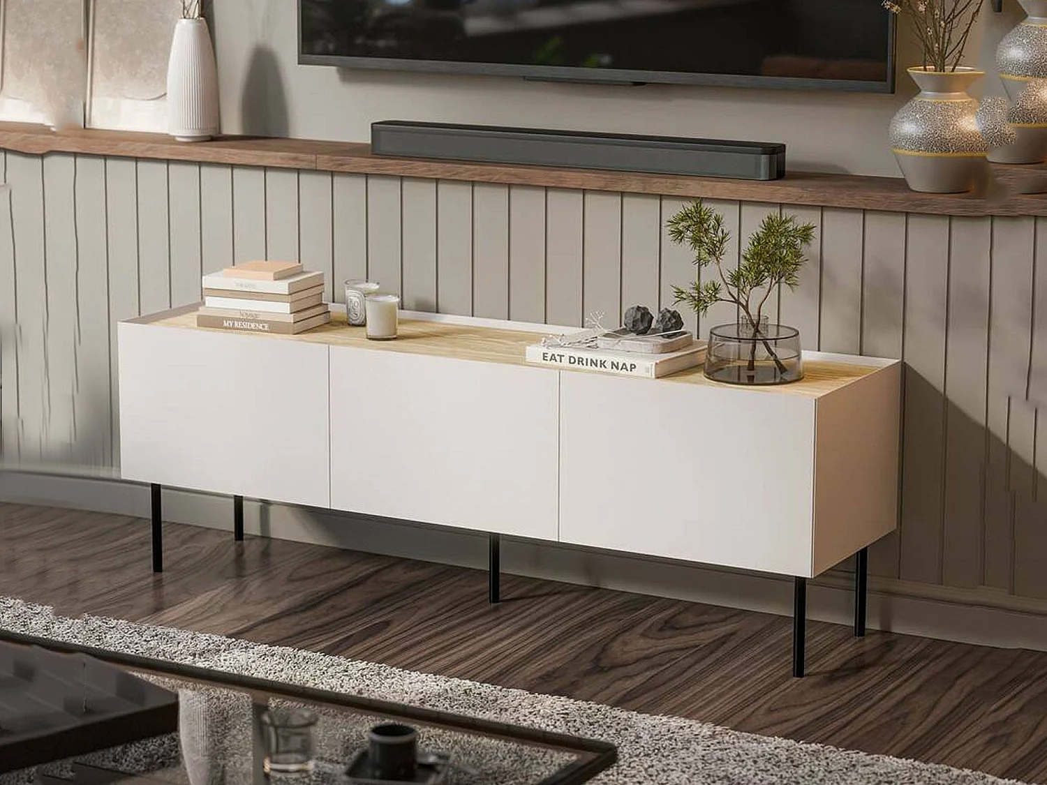 Tv-meubel Calanna, één legplank, 150x40x52h cm beige, 3 vakken, 3 deuren