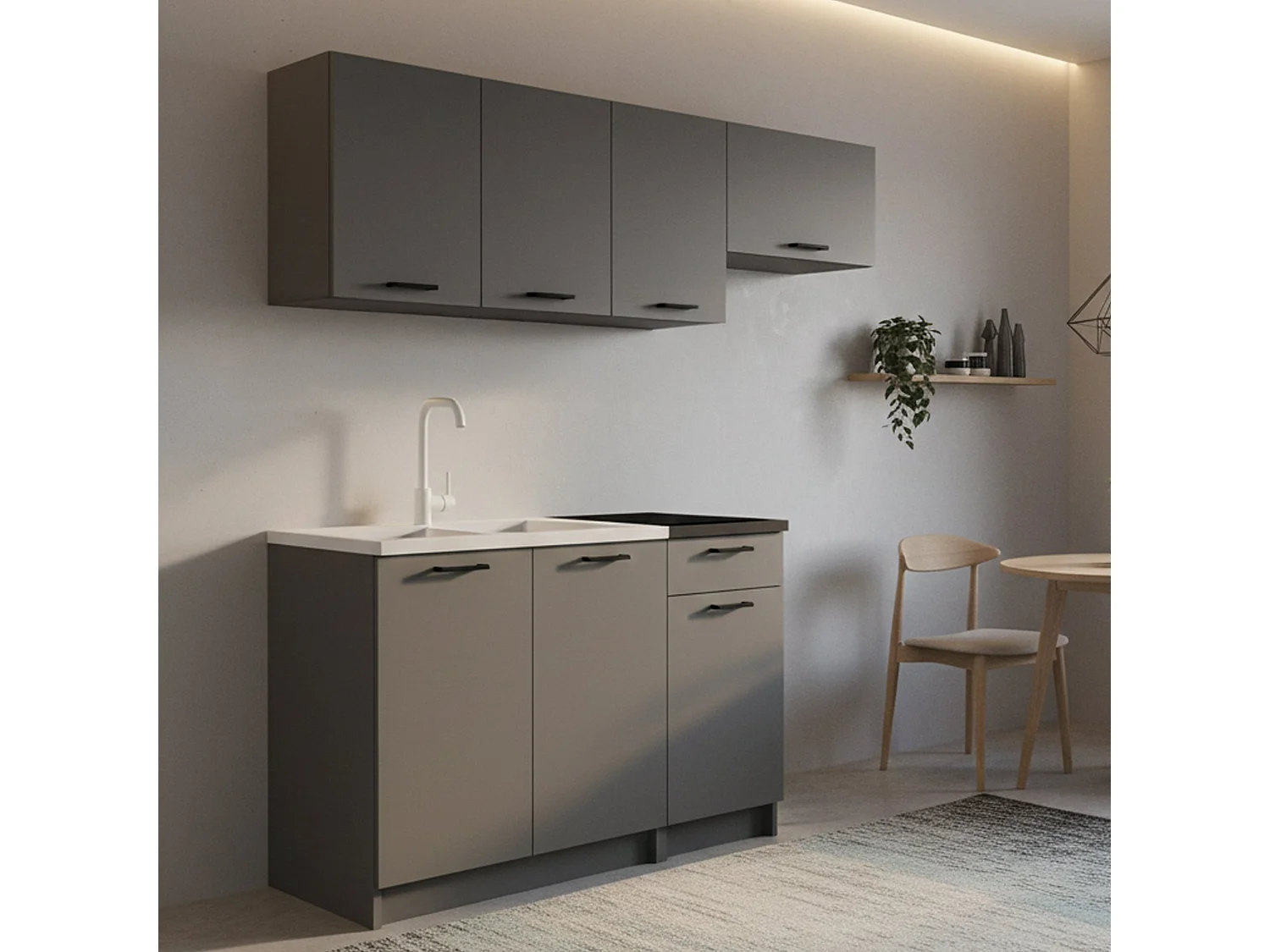 Küche Cormone, ein Regalboden, Anthrazitschwarz, Miniküche, modular, eine Schublade, Elektrogeräte nicht im Lieferumfang enthalten