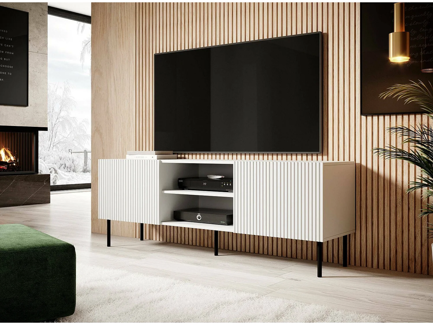 Mobile porta TV Molini, Madia da salotto con quattro ante battenti, Rialzato da terra, 150x42 h52 cm, Bianco