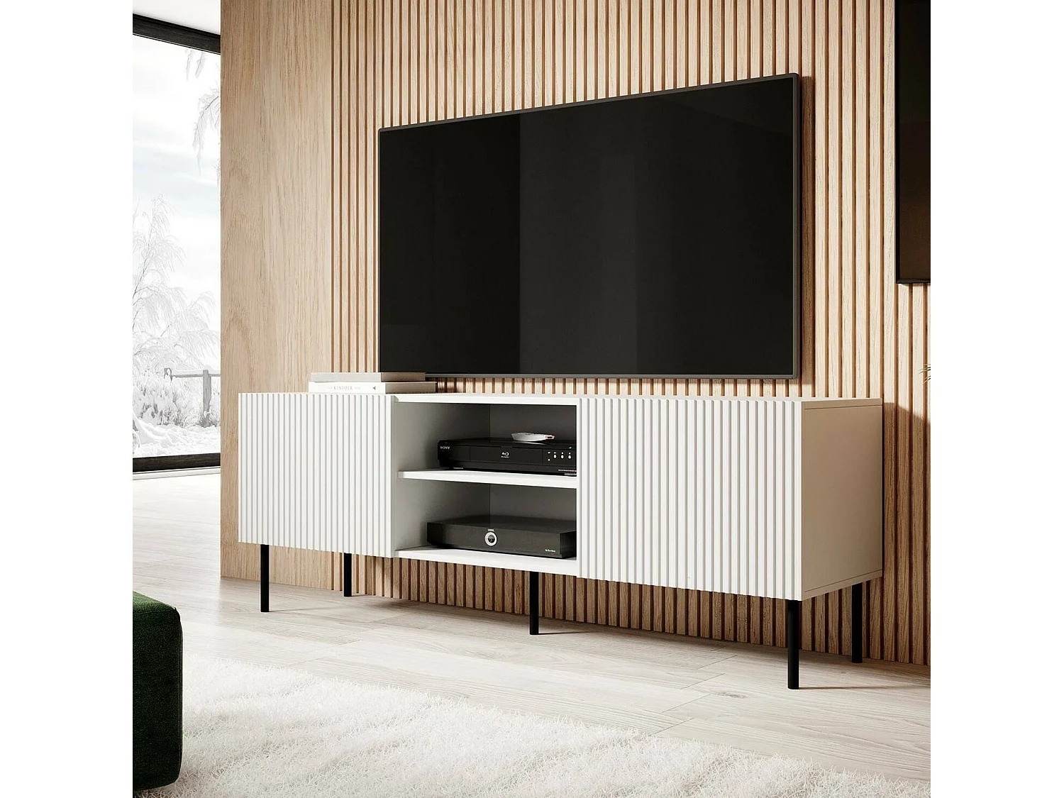 Meuble TV Gouveia, 3 Étagères, 42x150x52h cm Blanc