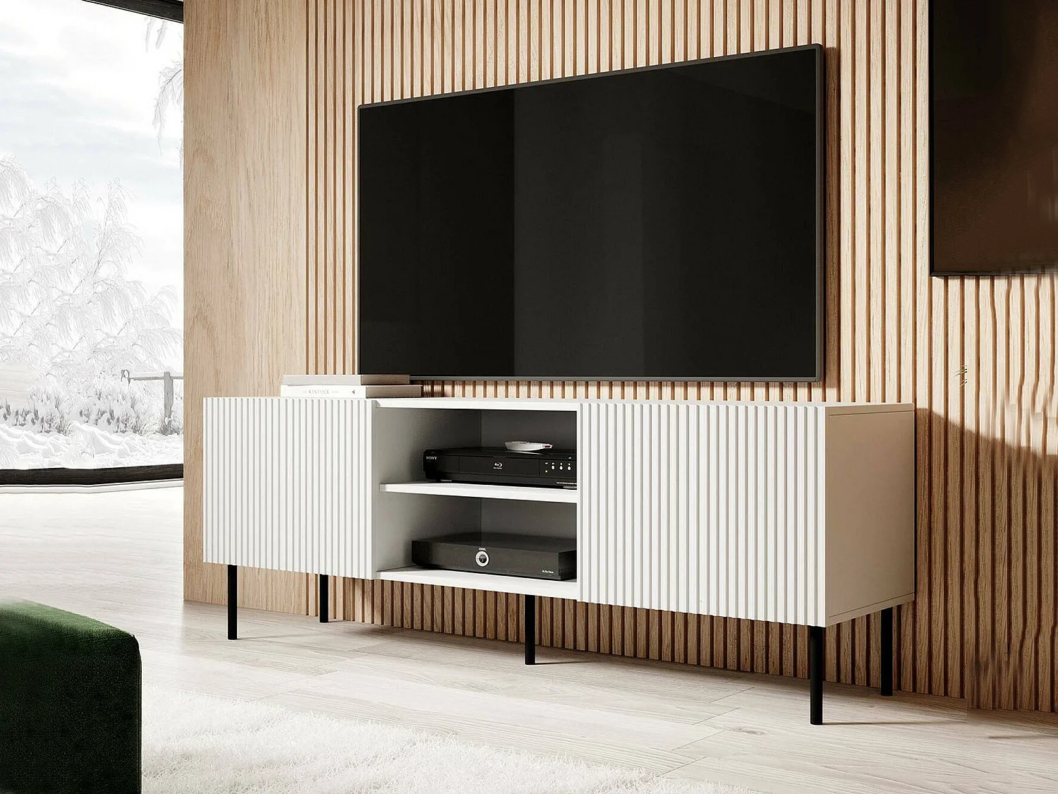 Meuble TV Gouveia, 3 Étagères, 42x150x52h cm Blanc