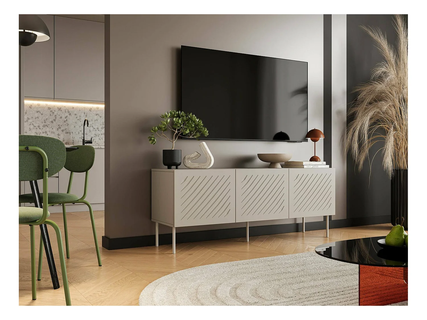 Mobile porta TV Frassino, Madia da salotto con tre ante battenti e tre vani interni, Rialzato da terra, 151x42 h60 cm, Beige