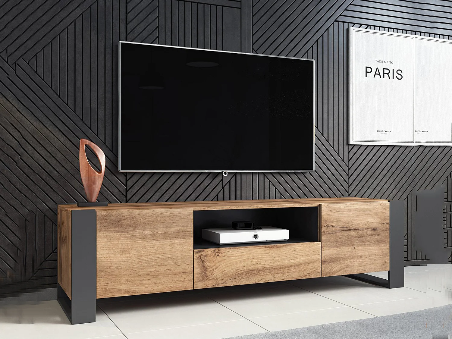 Tv-meubel Trancoso, één legplank, 151x42x60h cm Beige, 3 deuren, 3 vakken