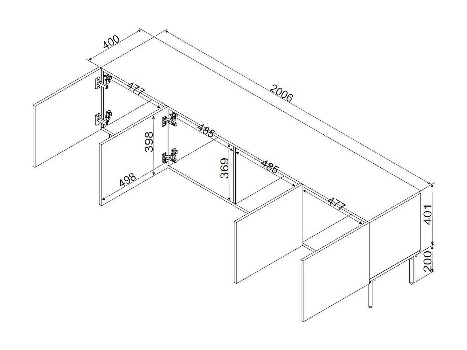 Mobile porta TV Frassino, Madia da salotto con tre ante battenti e tre vani interni, Rialzato da terra, 151x42 h60 cm, Nero