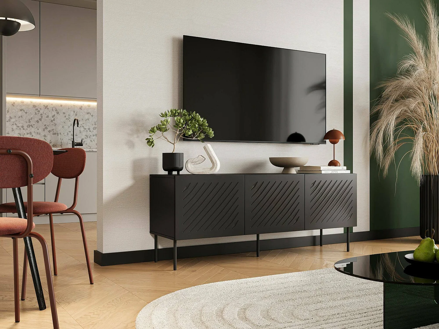 Mobile porta TV Frassino, Madia da salotto con tre ante battenti e tre vani interni, Rialzato da terra, 151x42 h60 cm, Nero