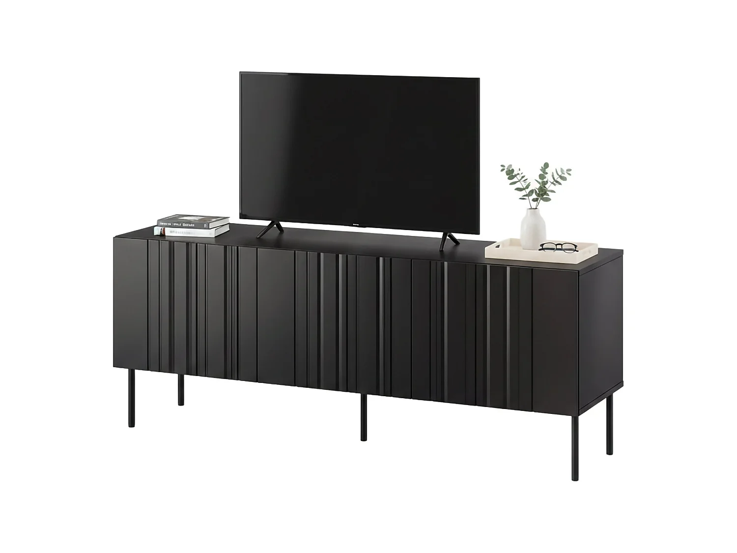 Trancoso tv-meubel, één legplank, 151x42x60h cm zwart, 3 deuren, 3 vakken