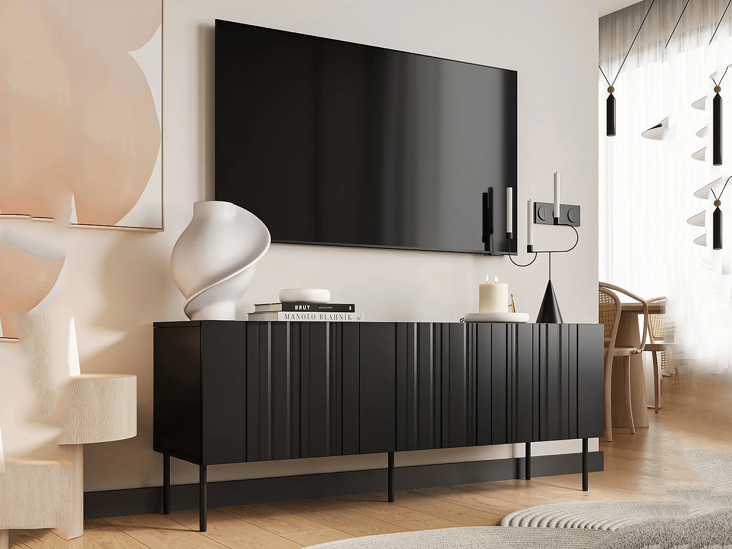 Trancoso tv-meubel, één legplank, 151x42x60h cm zwart, 3 deuren, 3 vakken