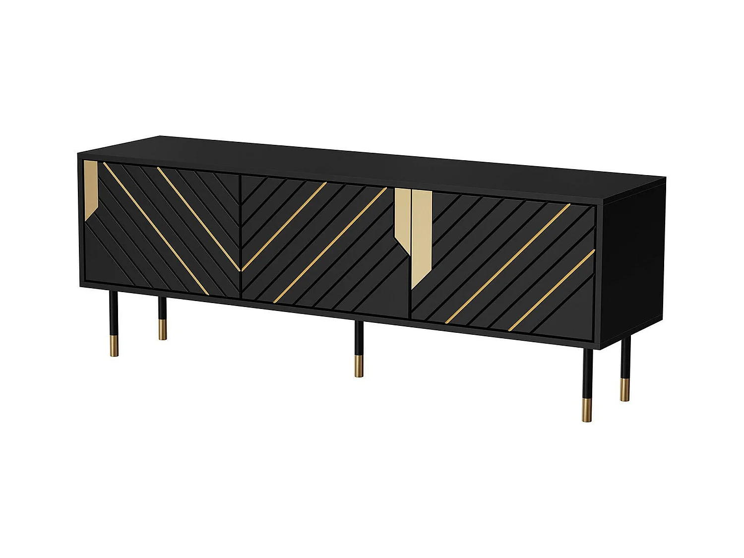 Mobile porta TV Perito, Madia da salotto con tre ante battenti e due vani interni, Rialzato da terra, 154x40 h55 cm, Nero e Oro