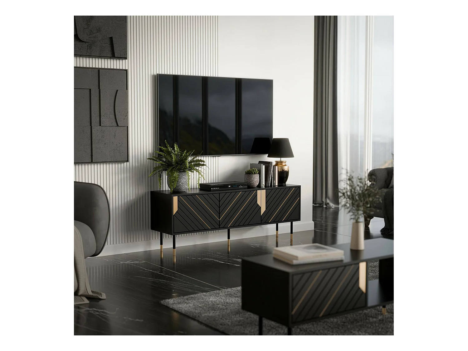 Mobile porta TV Perito, Madia da salotto con tre ante battenti e due vani interni, Rialzato da terra, 154x40 h55 cm, Nero e Oro