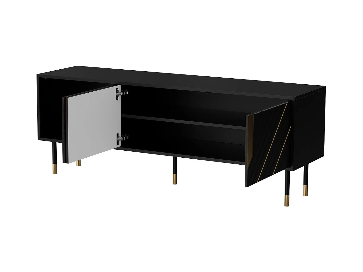 Mobile porta TV Perito, Madia da salotto con tre ante battenti e due vani interni, Rialzato da terra, 154x40 h55 cm, Nero e Oro