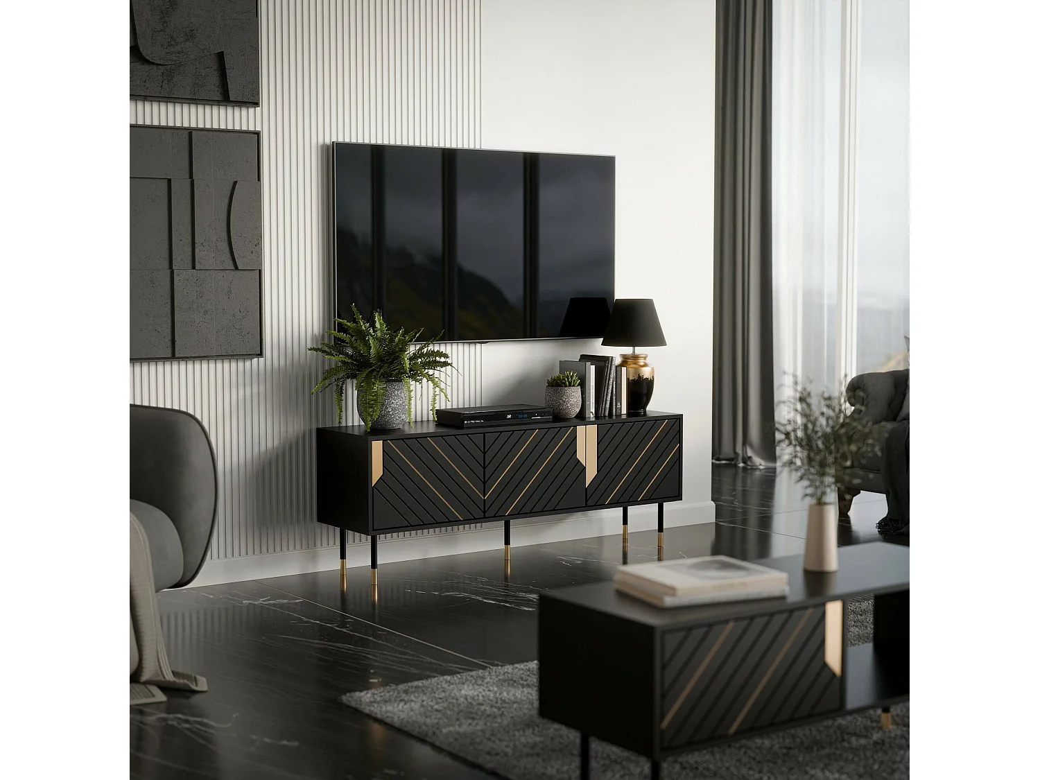 Mobile porta TV Perito, Madia da salotto con tre ante battenti e due vani interni, Rialzato da terra, 154x40 h55 cm, Nero e Oro