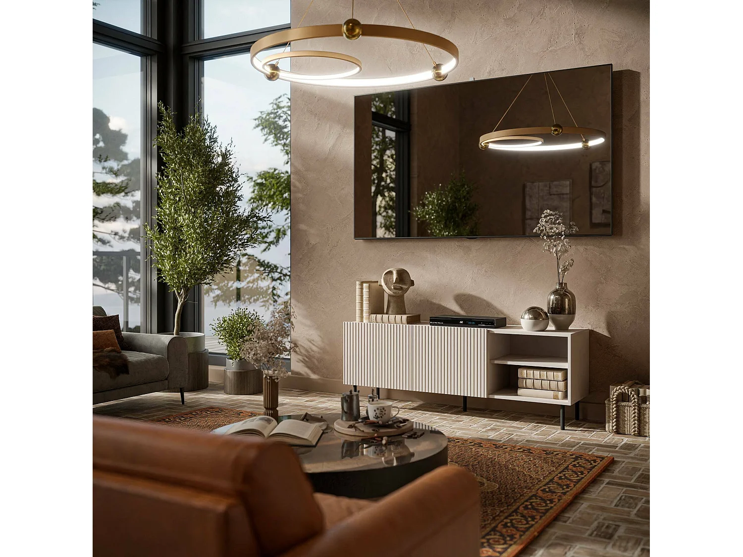 Meuble TV Gouveia, 3 étagères, 42x150x52h cm Beige