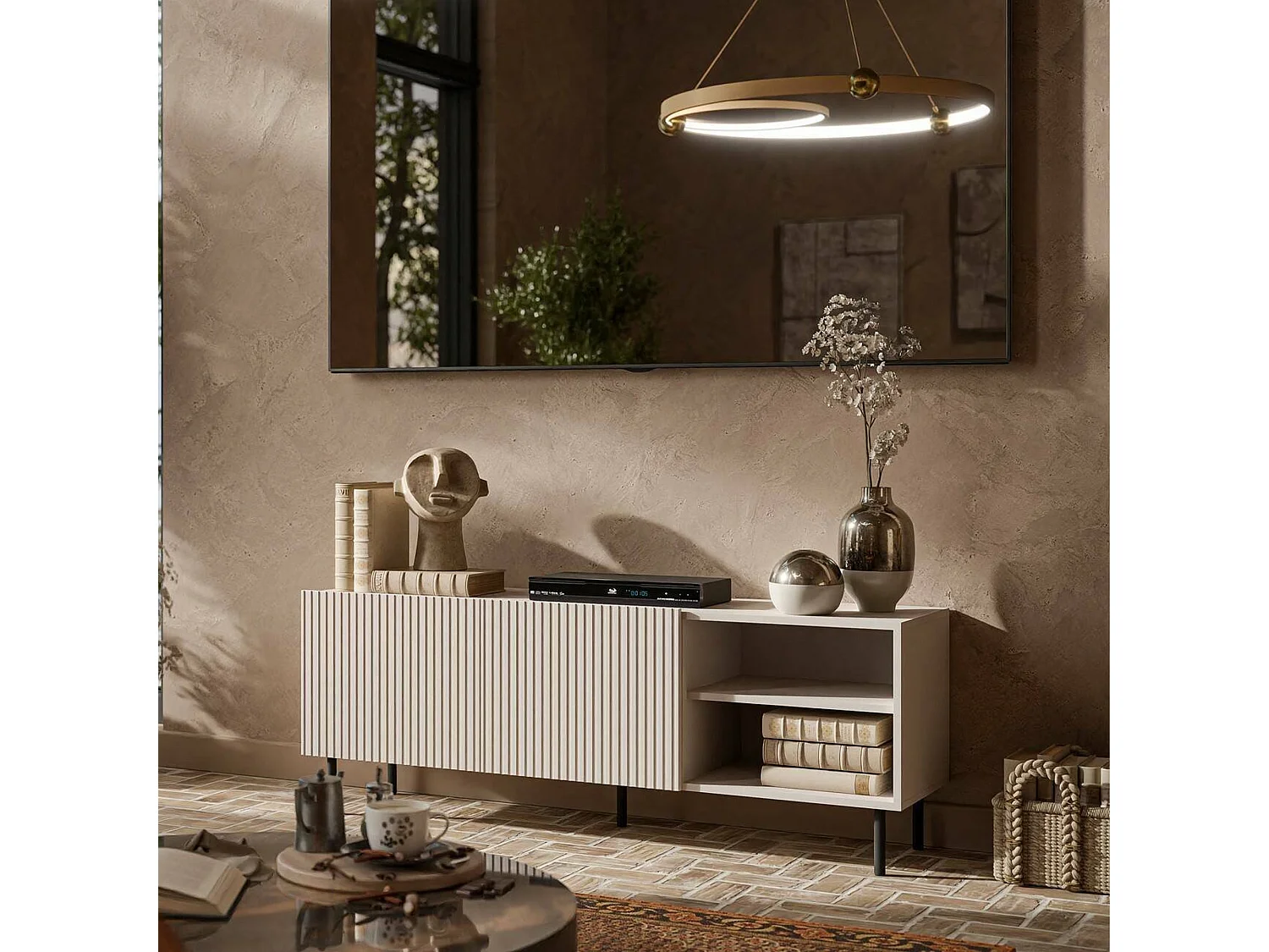 Meuble TV Gouveia, 3 étagères, 42x150x52h cm Beige