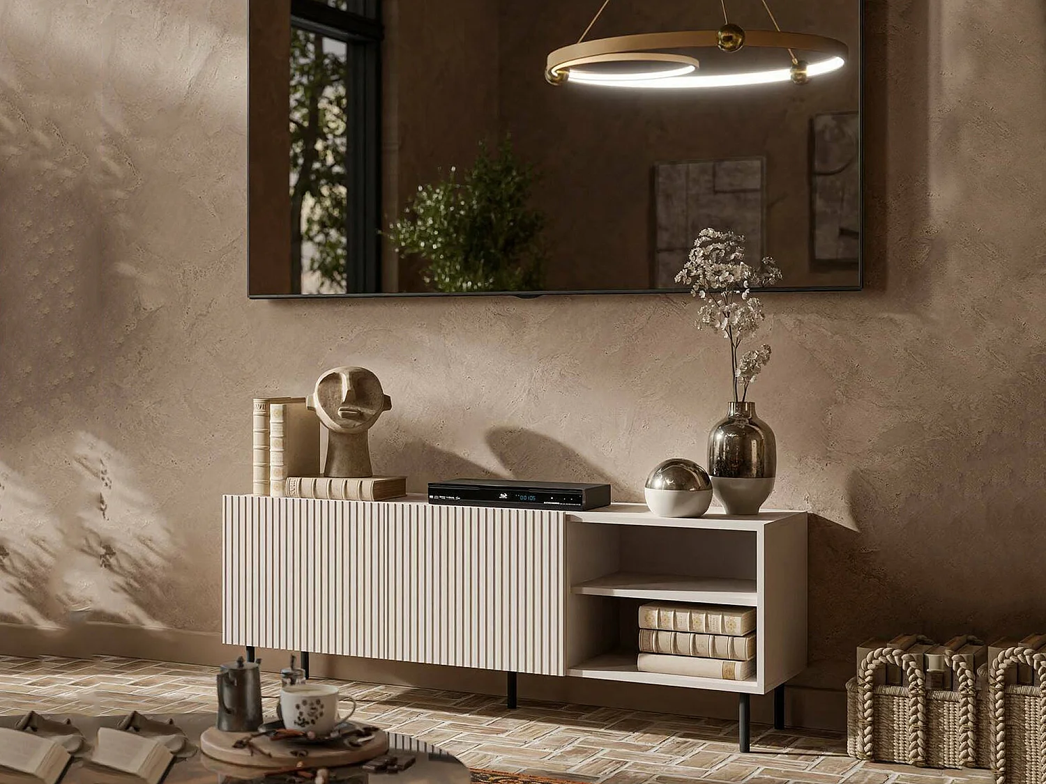 Meuble TV Gouveia, 3 étagères, 42x150x52h cm Beige