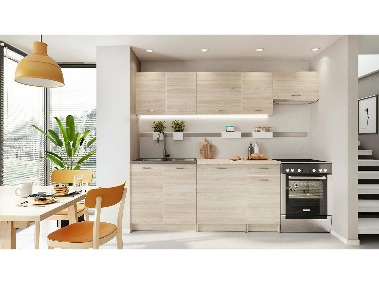 Cucina completa Urzulei, Set compatto e funzionale con ante e cassetto, Rovere