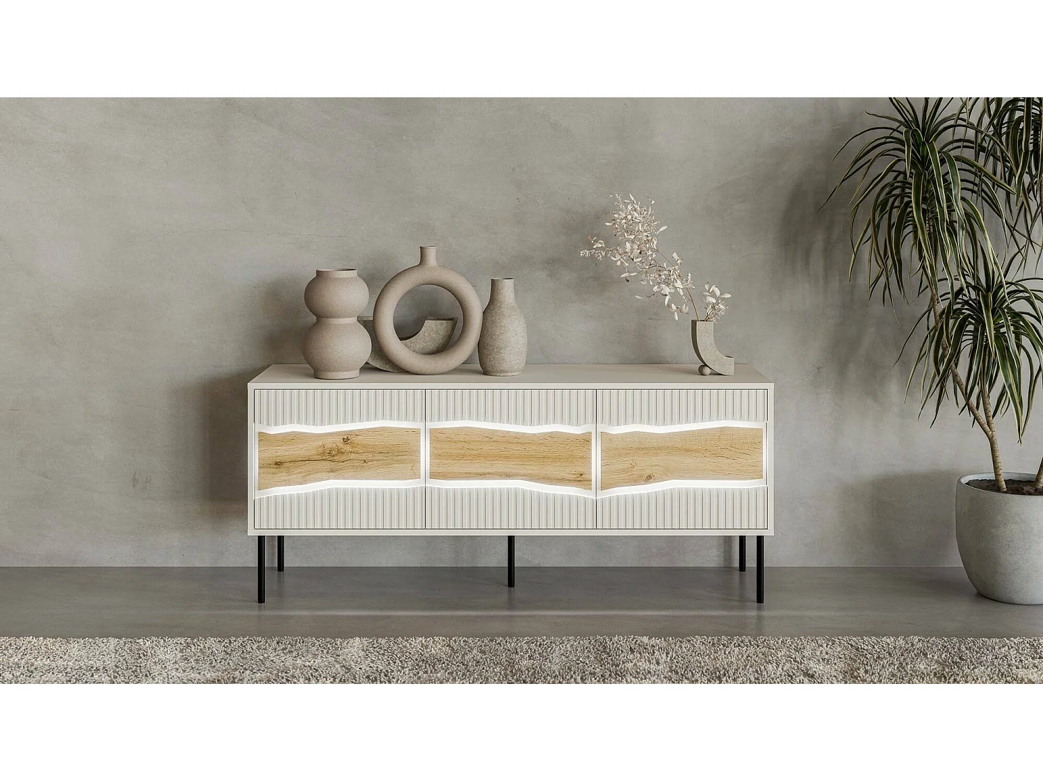 Mobile porta TV Novoli, Madia da salotto con ante battenti e vani interni, Con luci led, Rialzato da terra, 144x40 h62 cm, Beige e Rovere Nodi