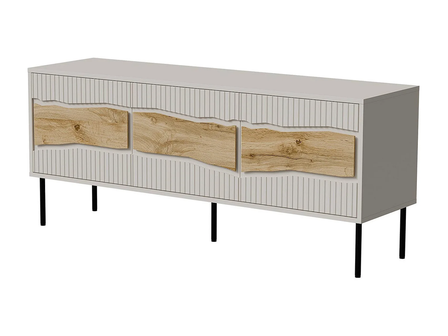 Mobile porta TV Novoli, Madia da salotto con ante battenti e vani interni, Con luci led, Rialzato da terra, 144x40 h62 cm, Beige e Rovere Nodi