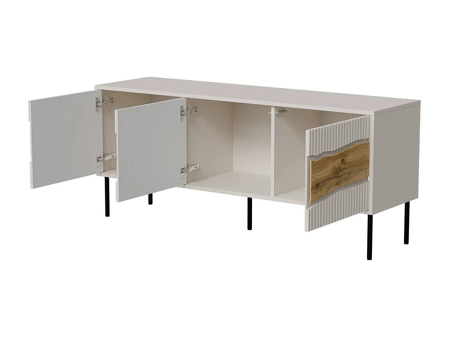 Mobile porta TV Novoli, Madia da salotto con ante battenti e vani interni, Con luci led, Rialzato da terra, 144x40 h62 cm, Beige e Rovere Nodi