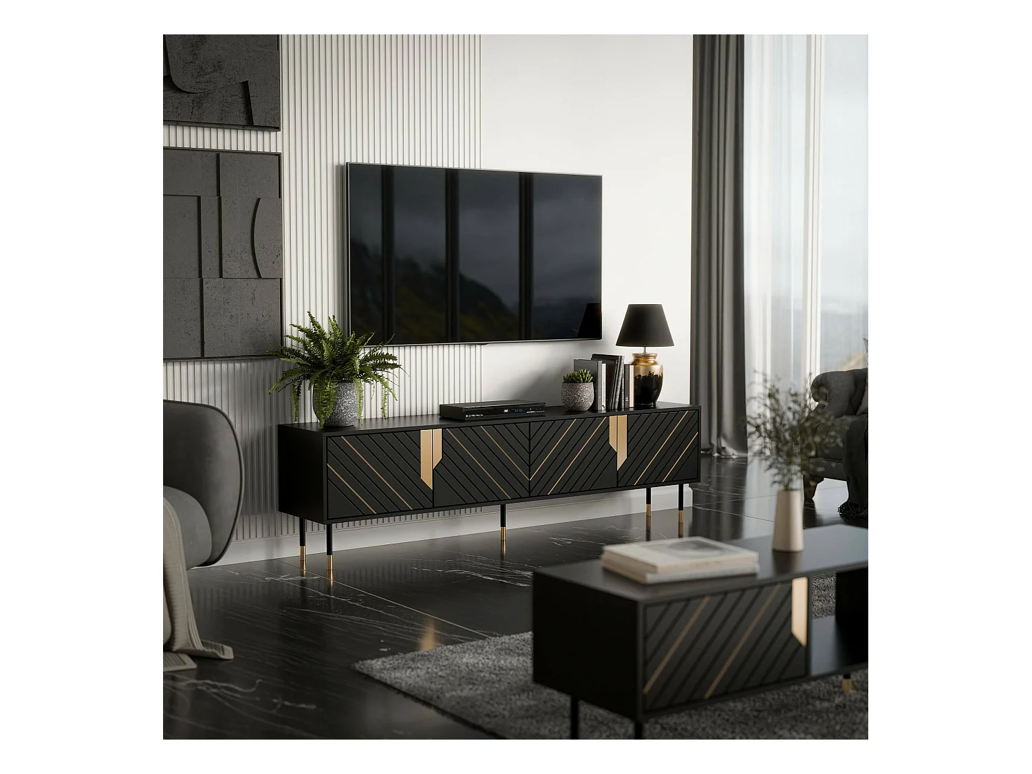 Meuble TV Seixal, 4 étagères, 40x204x55h cm Noir