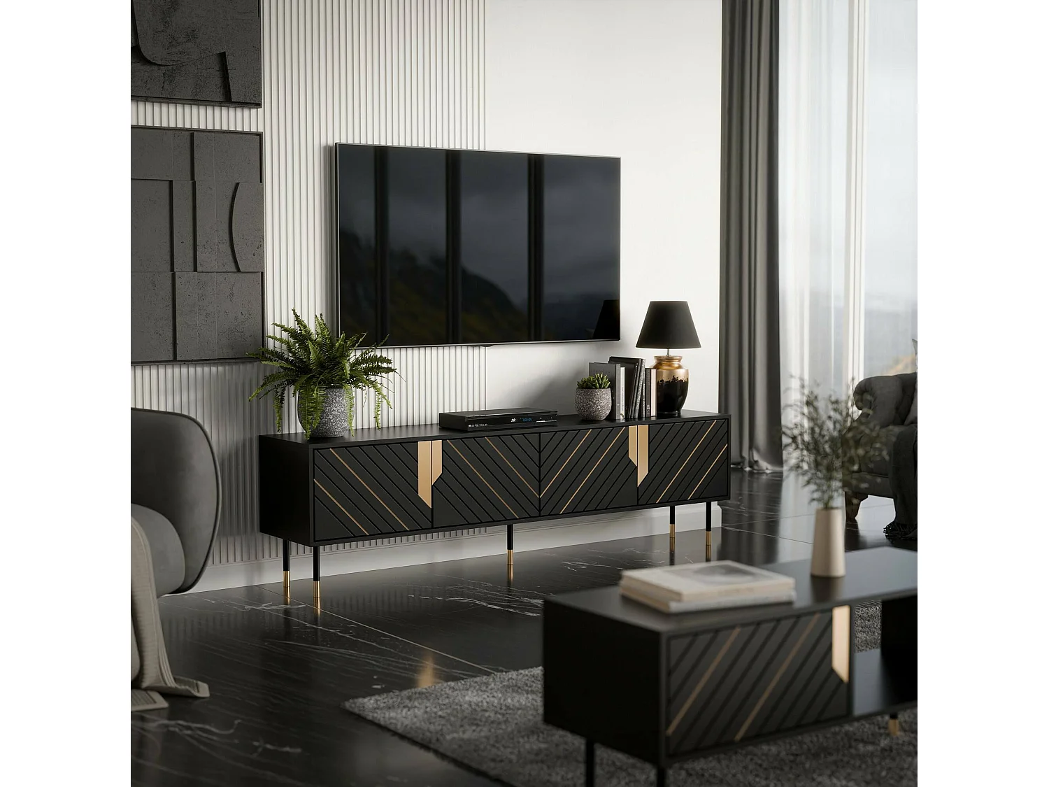Mobile porta TV Seborga, Madia da salotto con quattro ante battenti e quattro vani interni, Rialzato da terra, 204x40 h55 cm, Nero e Oro