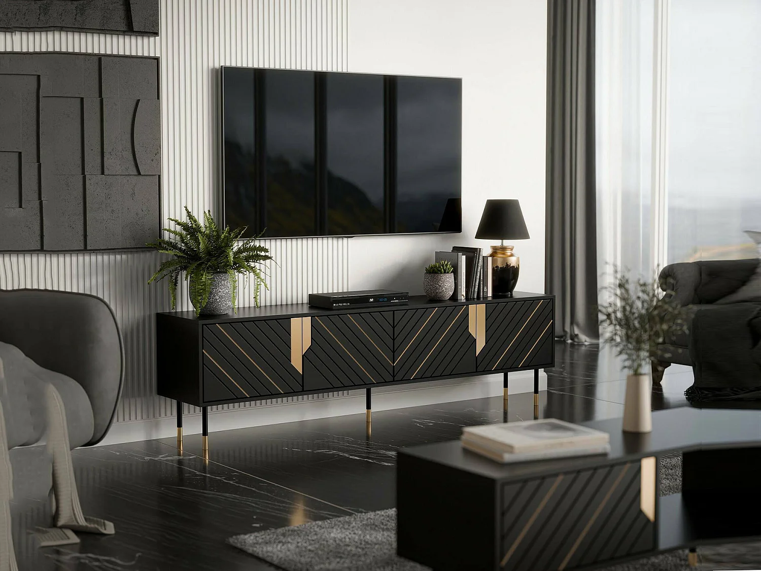 Meuble TV Seixal, 4 étagères, 40x204x55h cm Noir