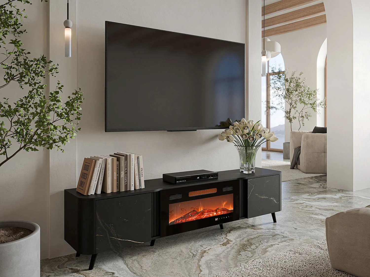 Meuble TV Tomar, 2 étagères, 40x190,5x58h cm Gris