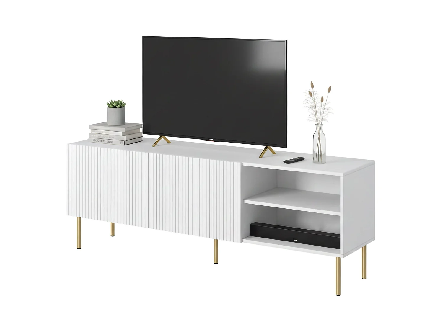 Mueble para TV Magnano, 3 estantes, 150x42x52h cm blanco, 2 puertas, 6 compartimentos