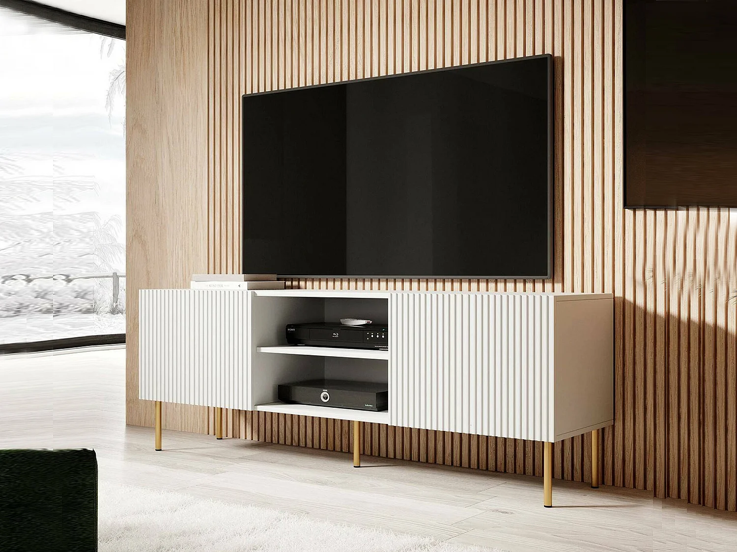 Mueble para TV Magnano, 3 estantes, 150x42x52h cm blanco, 2 puertas, 6 compartimentos