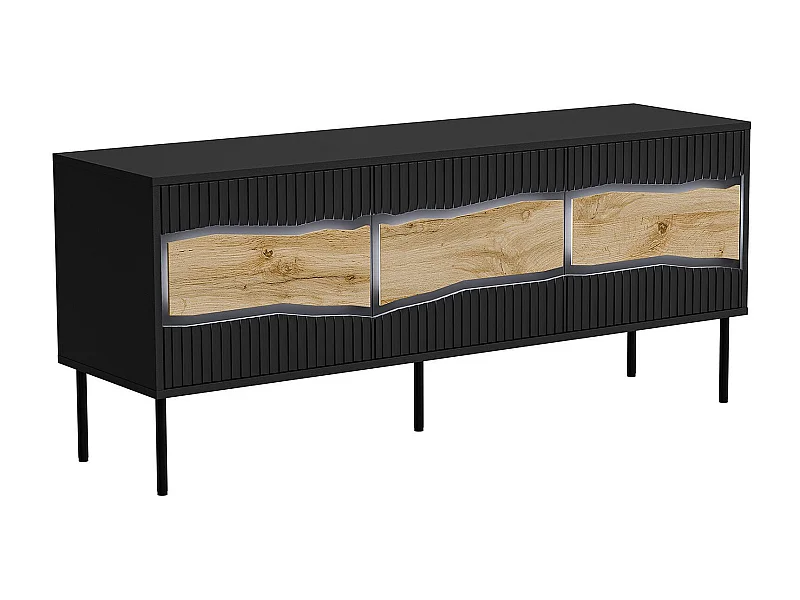 Mobile porta TV Novoli, Madia da salotto con tre ante battenti e tre vani interni, Con luci led, Rialzato da terra, 144x40 h62 cm, Nero e Rovere Nodi