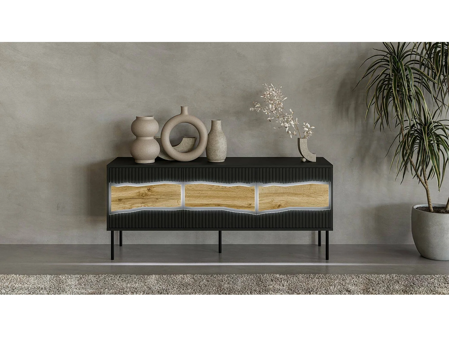 Mobile porta TV Novoli, Madia da salotto con tre ante battenti e tre vani interni, Con luci led, Rialzato da terra, 144x40 h62 cm, Nero e Rovere Nodi