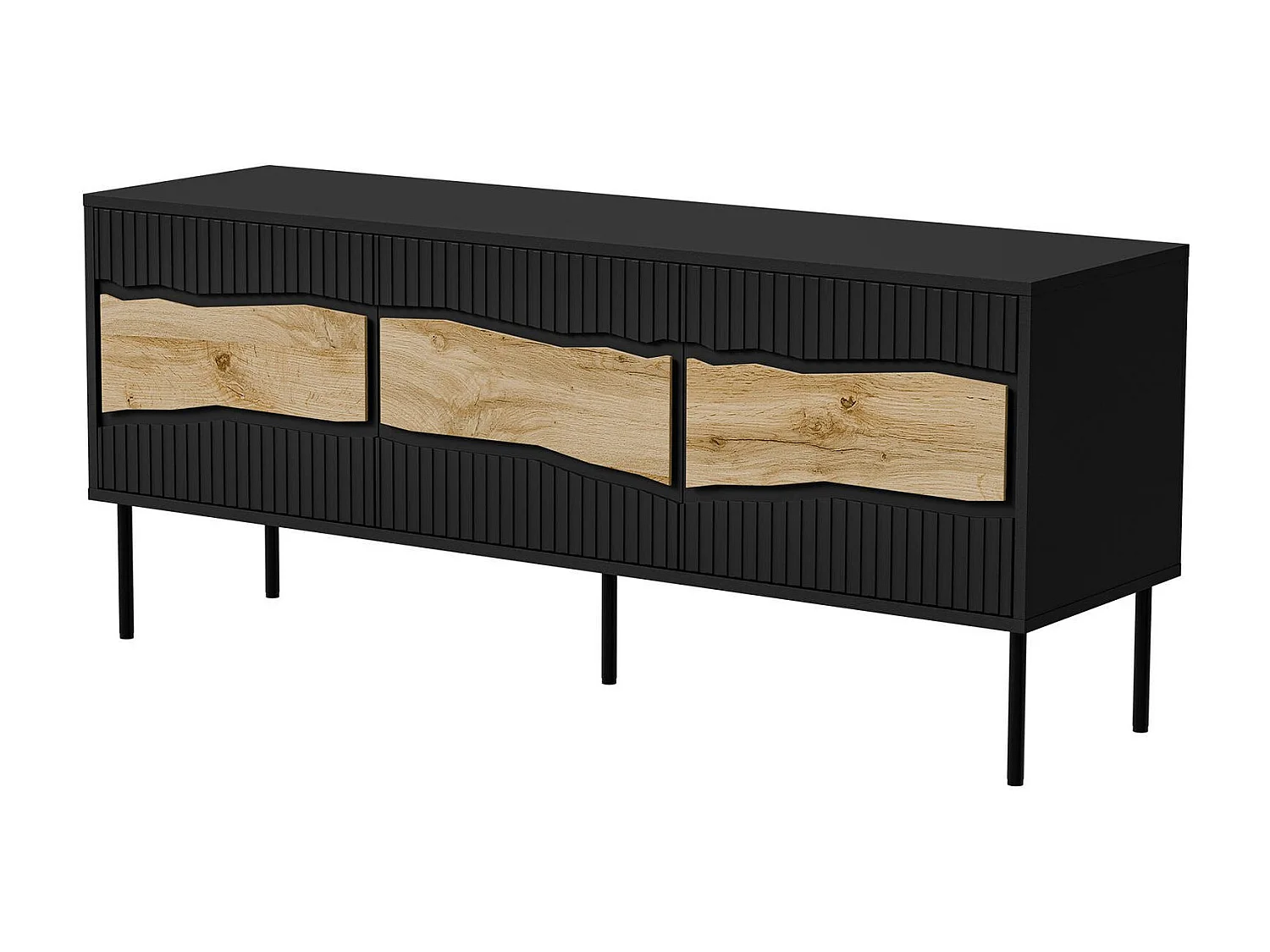 Mobile porta TV Novoli, Madia da salotto con tre ante battenti e tre vani interni, Con luci led, Rialzato da terra, 144x40 h62 cm, Nero e Rovere Nodi