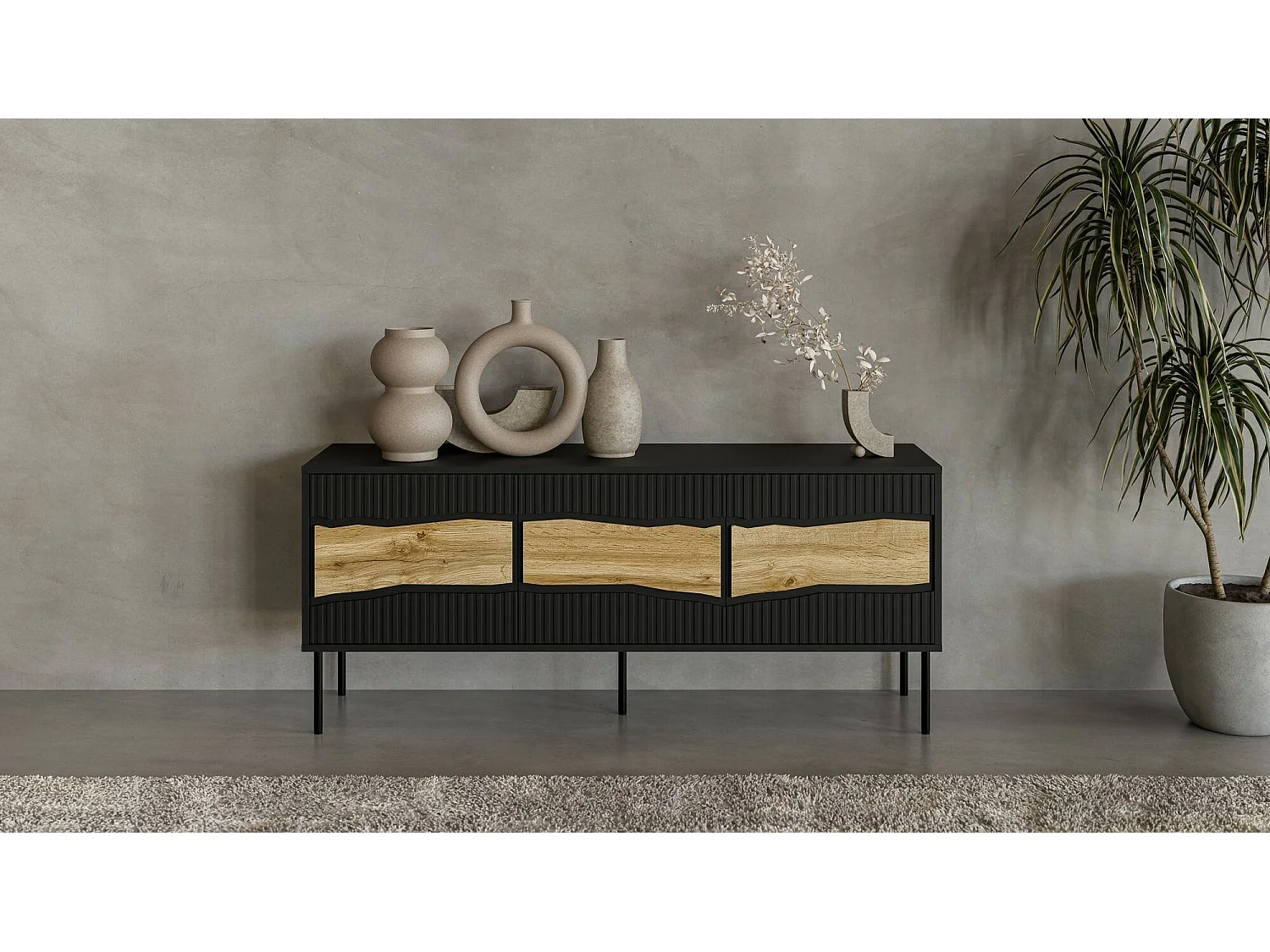 Mobile porta TV Novoli, Madia da salotto con tre ante battenti e tre vani interni, Con luci led, Rialzato da terra, 144x40 h62 cm, Nero e Rovere Nodi