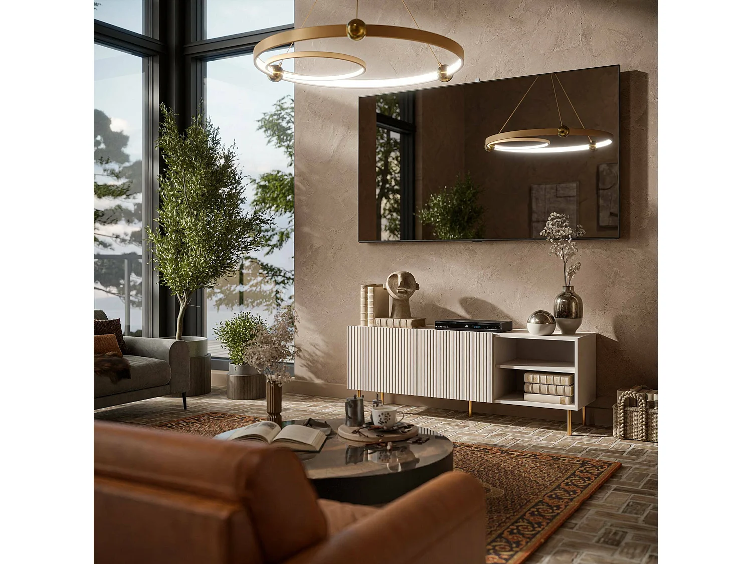 Meuble TV Beige "Guarda", 3 étagères, 42x150x52h cm