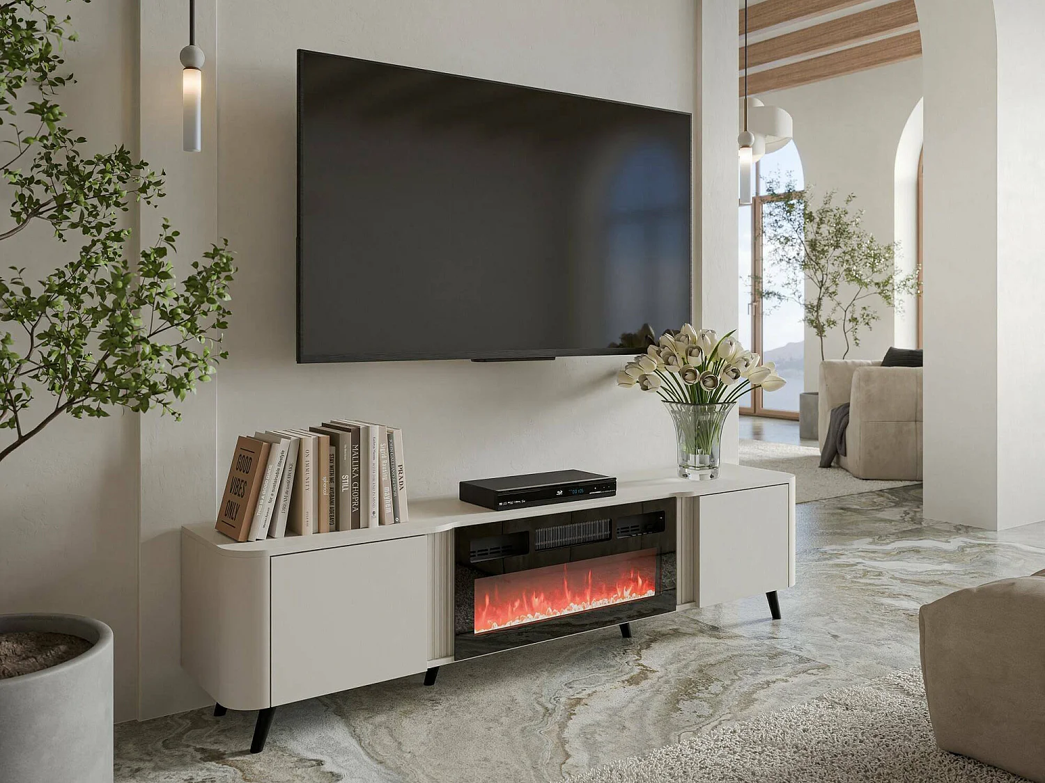 TV-meubel Vicino, 2 planken, 191x40x58h cm beige, 2 deuren, 2 vakken