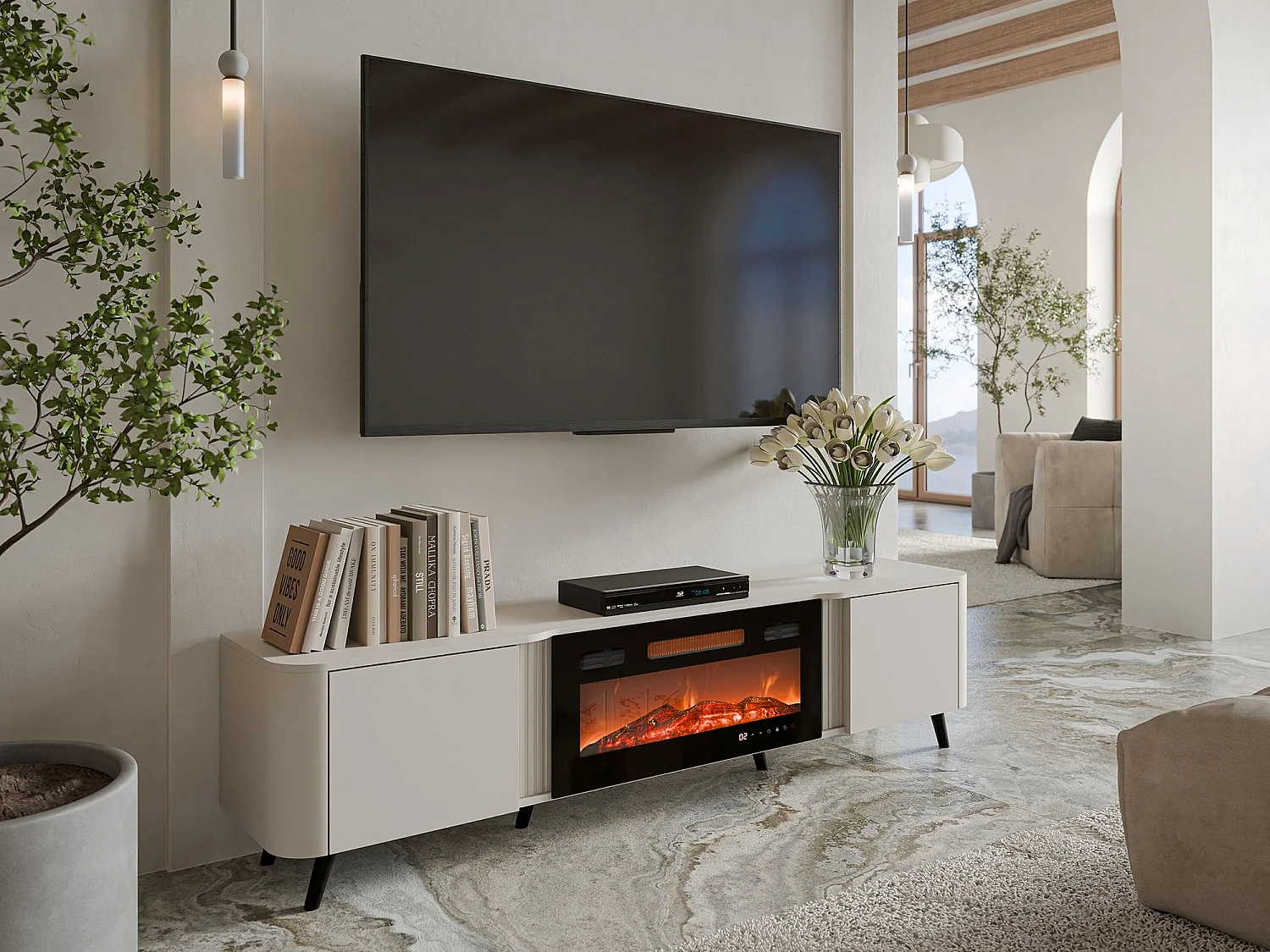 Meuble TV Tomar, 2 étagères, 40x190,5x58h cm Beige