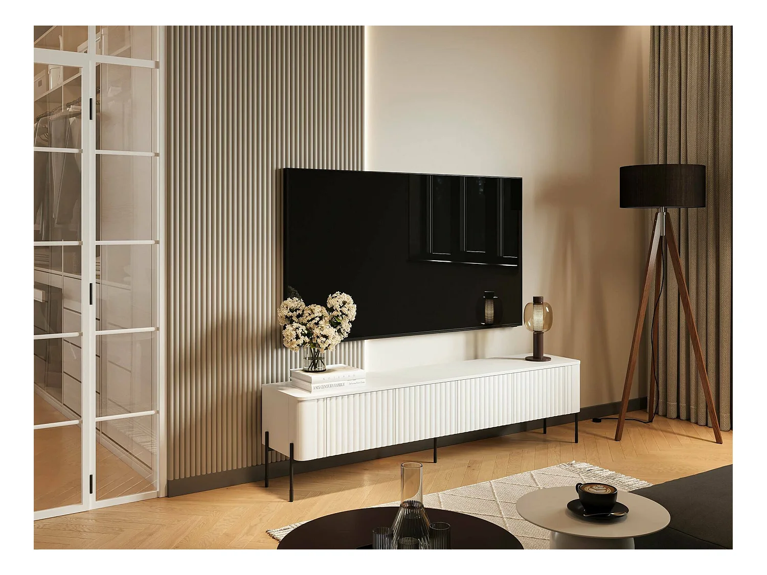 Meuble TV Fiaes, une étagère, 39,6x190x50h cm Blanc