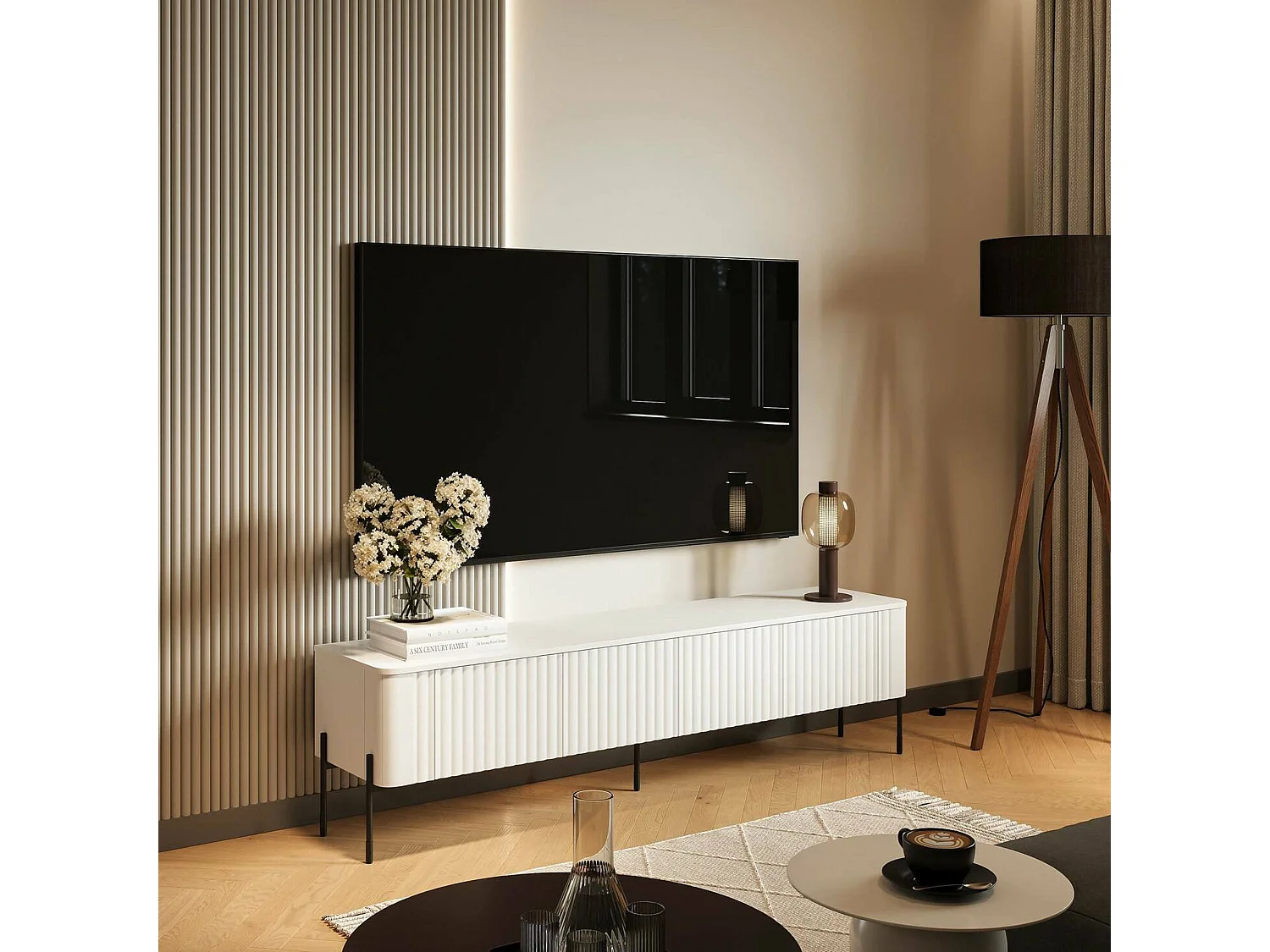 Meuble TV Fiaes, une étagère, 39,6x190x50h cm Blanc
