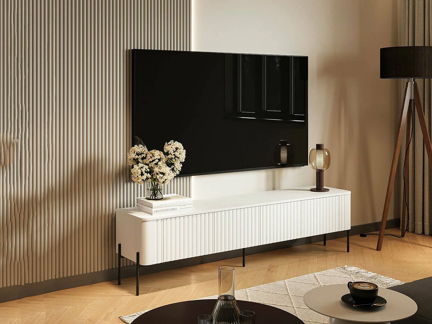 Meuble TV Fiaes, une étagère, 39,6x190x50h cm Blanc