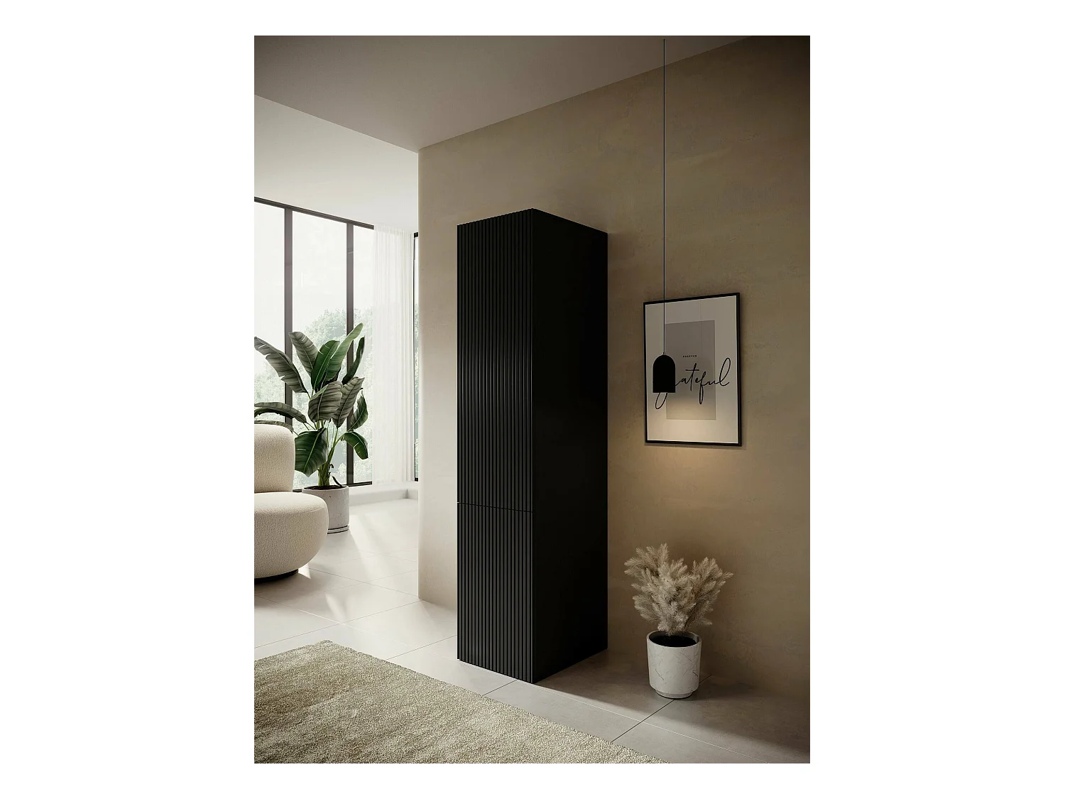 Armadio multiuso 1 anta Treville, Mobile multifunzionale con 4 ripiani interni, Finitura effetto cannettato, 45x56 h199 cm, Nero