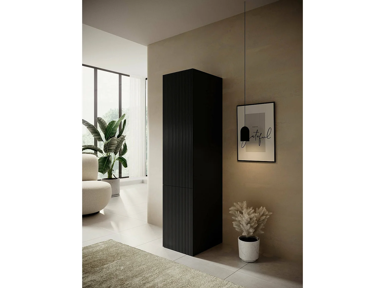 Armadio multiuso 1 anta Treville, Mobile multifunzionale con 4 ripiani interni, Finitura effetto cannettato, 45x56 h199 cm, Nero