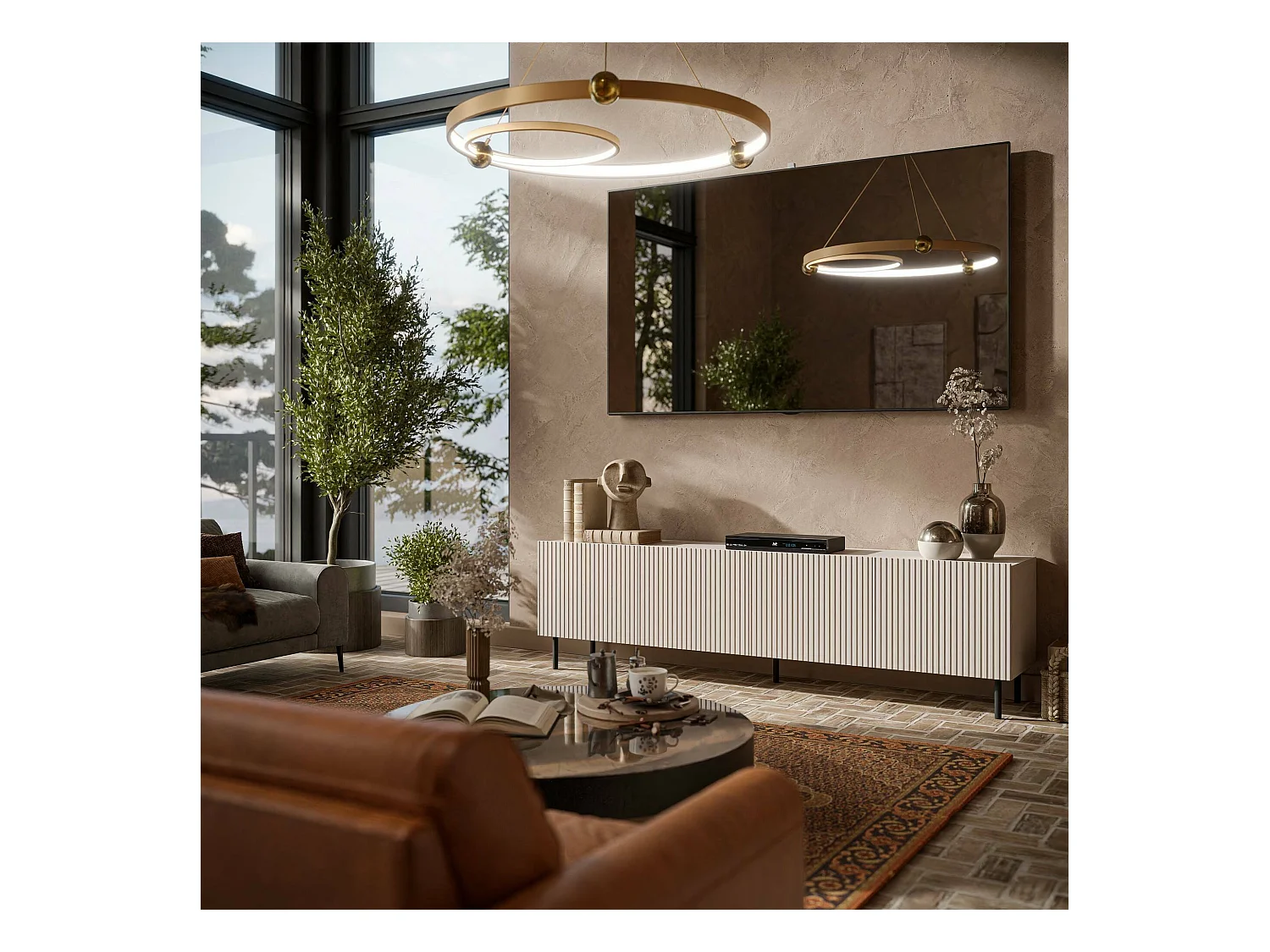 Meuble TV Gandra, 4 étagères, 42x200x52h cm Beige