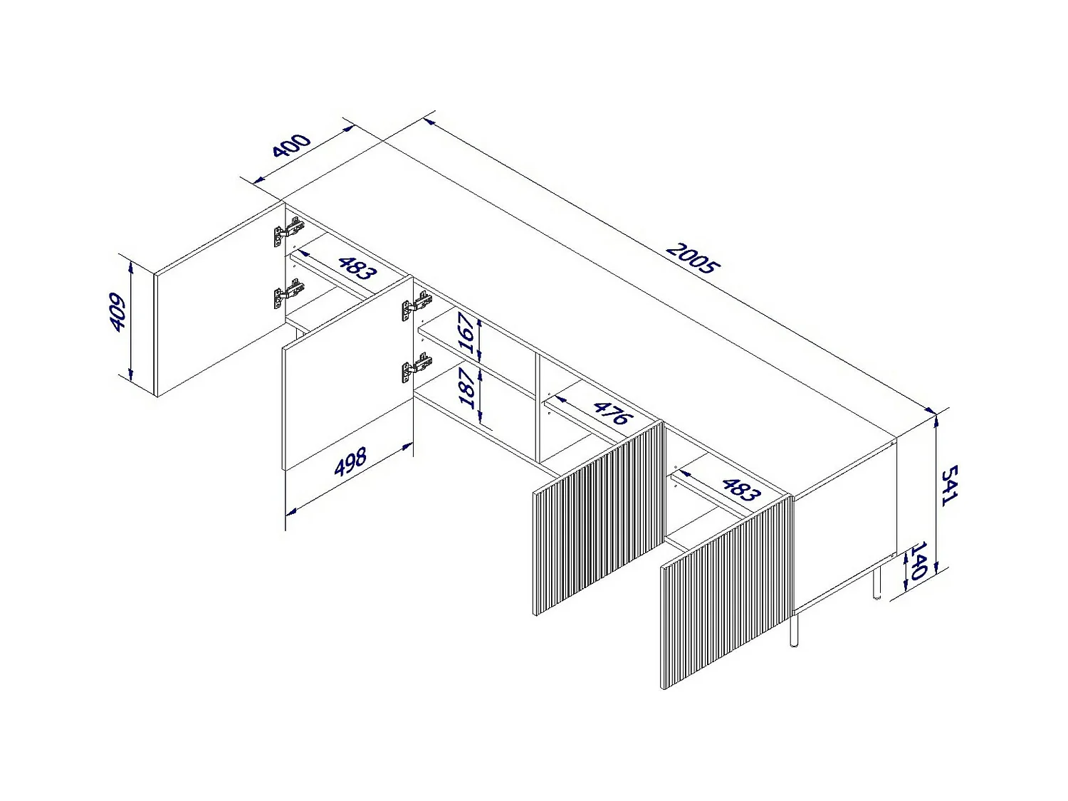 Meuble TV Gandra, 4 étagères, 42x200x52h cm Beige