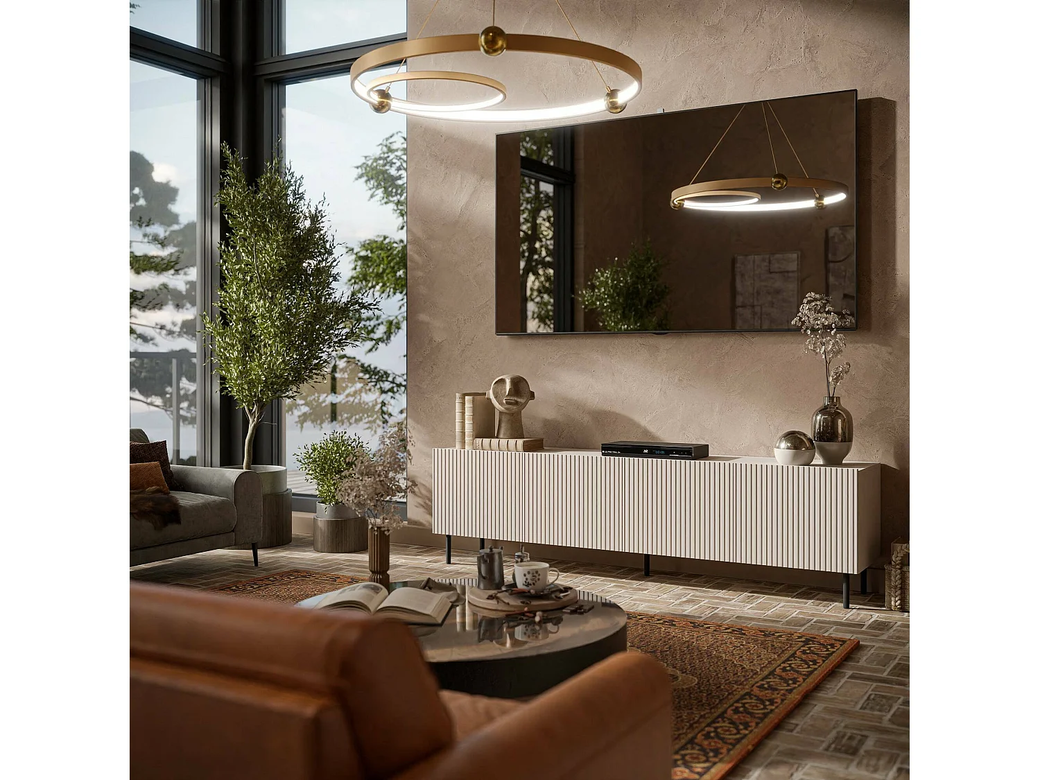 Meuble TV Gandra, 4 étagères, 42x200x52h cm Beige